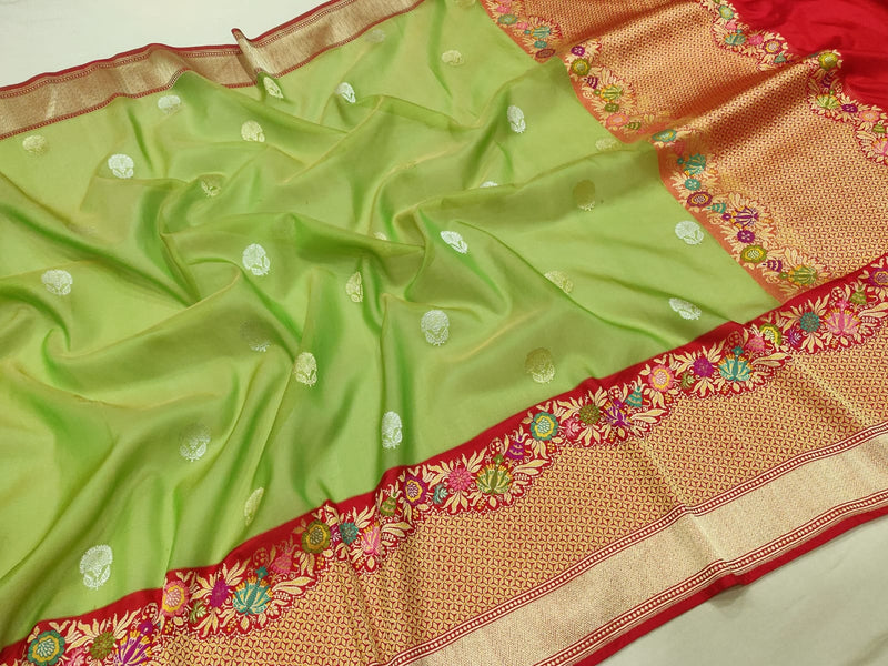 Parrot Green Color Pure Kora Silk Handwoven Banarasi Saree