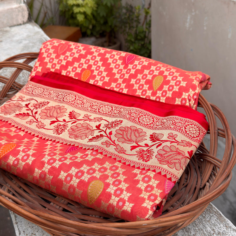 Peach colour pure katan silk Handwoven banarasi saree