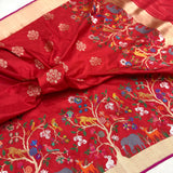 Red colour pure katan silk Handwoven banarasi paithani saree