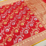 Red colour katan Silk Handwoven Jungla Banarasi Saree