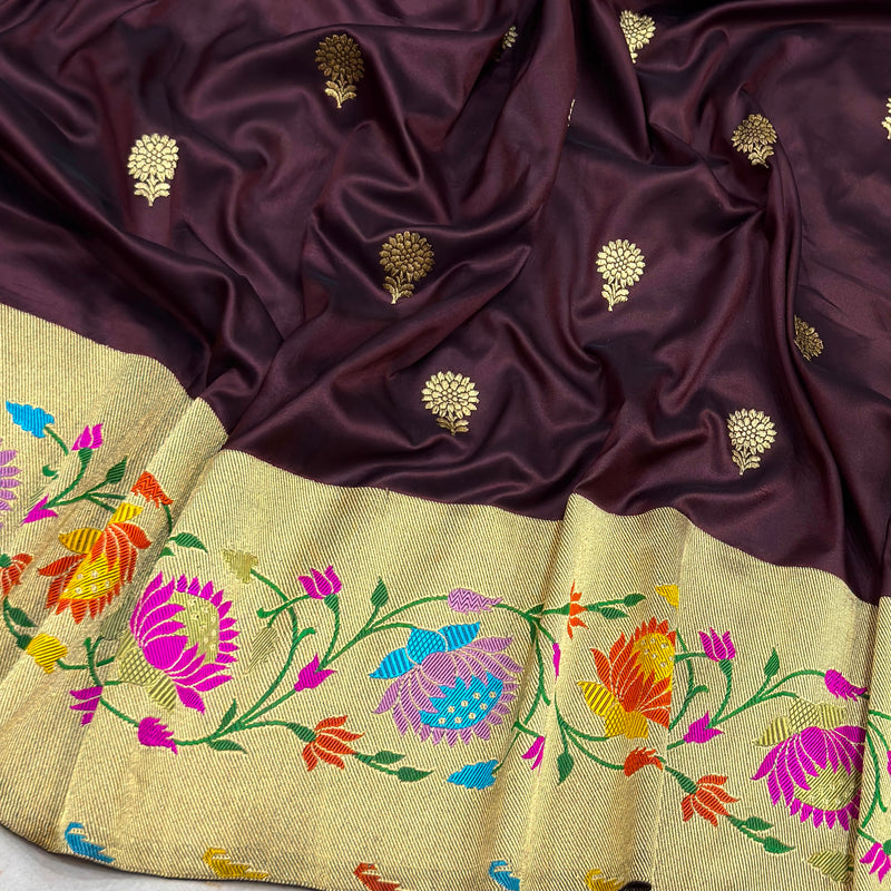 Brown colour pure katan silk handwoven banarasi saree