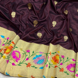 Brown colour pure katan silk handwoven banarasi saree