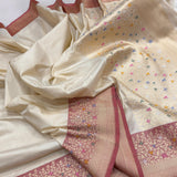 Off white colour pure katan silk handwoven banarasi saree