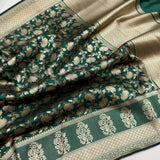 Bottle green colour pure katan silk handwoven banarasi saree
