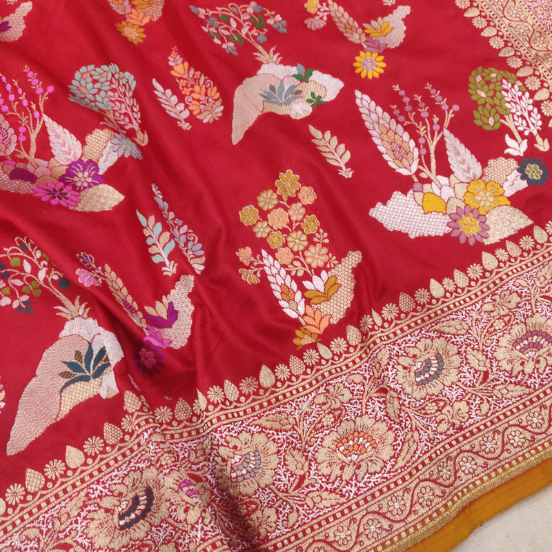 Red colour pure katan silk Handwoven banarasi saree