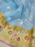 Sky Blue Colour Pure Kora Silk Handwoven Banarasi Saree