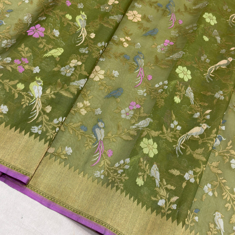 Mehandi green colour pure kora jamdani Handwoven banarasi saree