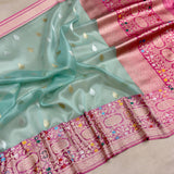 Light green colour pure kora Handwoven Banarasi saree