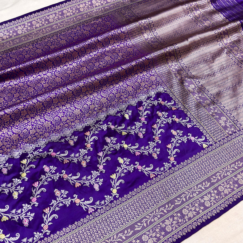 Purple colour pure katan silk handwove Banarasi tanchoi saree