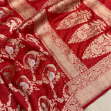 Red colour pure katan silk handwove Banarasi saree