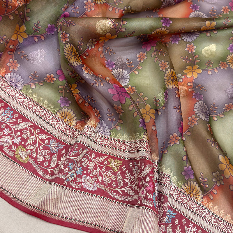 Multicolour Pure kora digital print handwoven banarasi saree