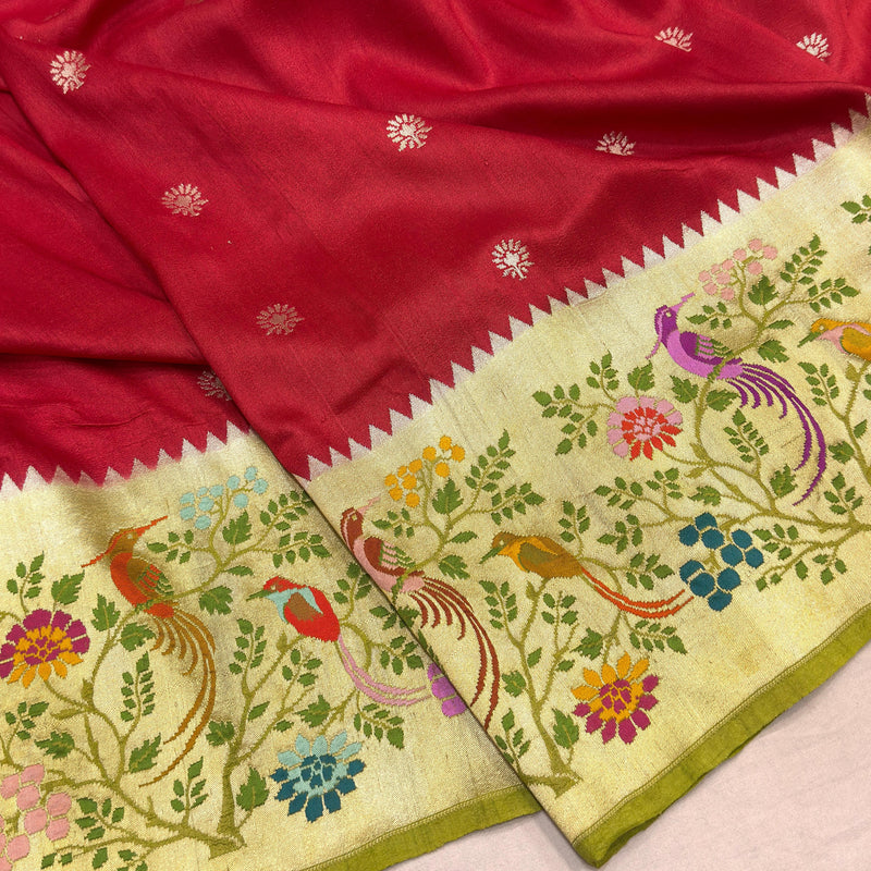 Red colour pure tussar handwoven Banarasi saree