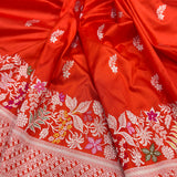 Orange colour pure katan silk Handwoven banarasi saree