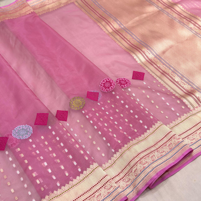 Pink colour pure kora Handwoven Banarasi saree