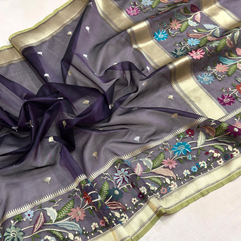 Purple colour pure kora jamdani Handwoven banarasi saree