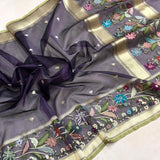 Purple colour pure kora jamdani Handwoven banarasi saree