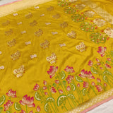 Yellow colour pure katan silk Handwoven banarasi saree