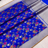 Royal blue colour pure katan silk handwoven banarasi saree