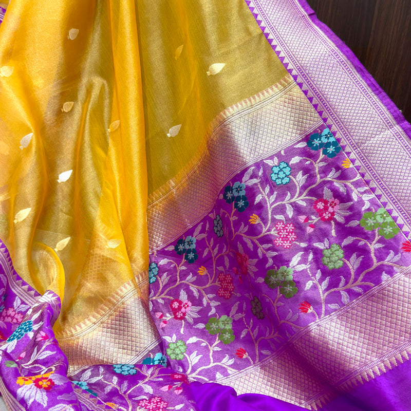 Yellow colour pure tissue handwoven banarasi saree