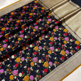 Black colour pure katan silk handwoven banarasi saree