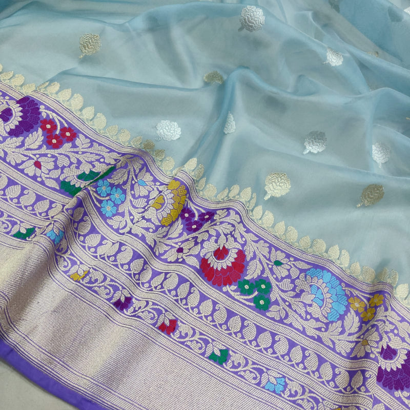 Light Blue Colour Pure Kora Silk Handwoven Banarasi Saree