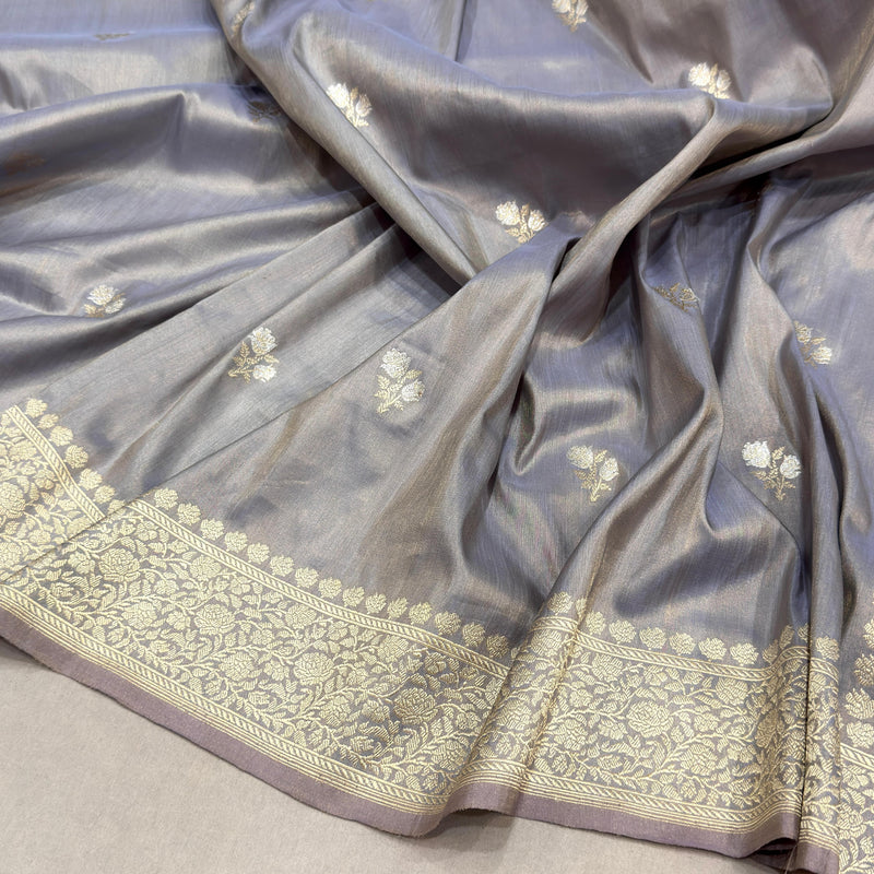 Grey colour pure silk by tissue Handwoven Banarasi saree