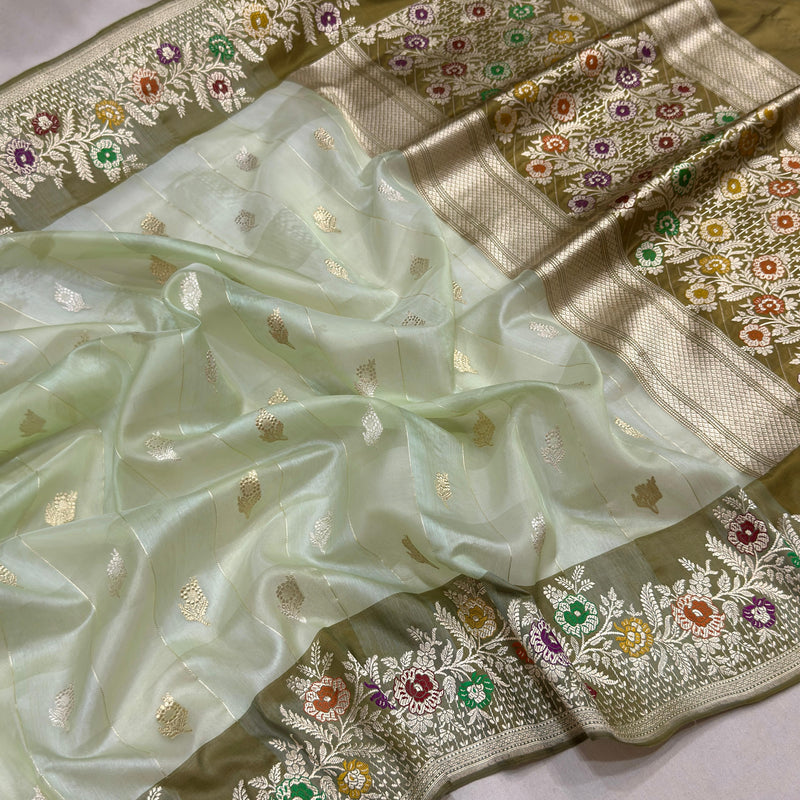 Light green colour pure Kora handwoven banarasi saree