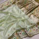 Light green colour pure Kora handwoven banarasi saree