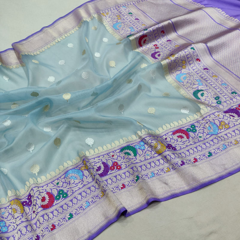 Blue colour pure kora handwoven banarasi saree