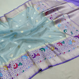 Blue colour pure kora handwoven banarasi saree