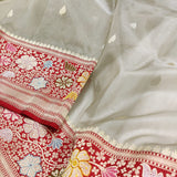 Grey colour Pure Kora Silk Handwoven Banarasi Saree