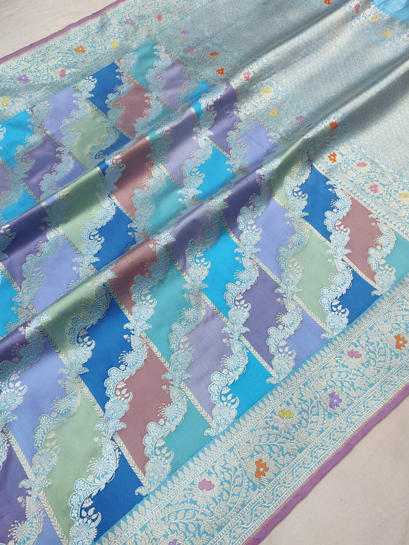 Multicolor Pure Katan Silk Handwoven Banarasi Rangkat Saree