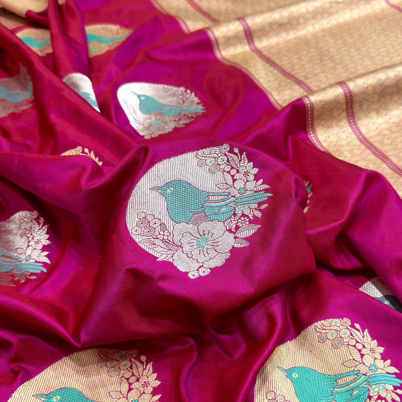 Rani pink colour pure Mashru Silk Handwoven banarasi saree