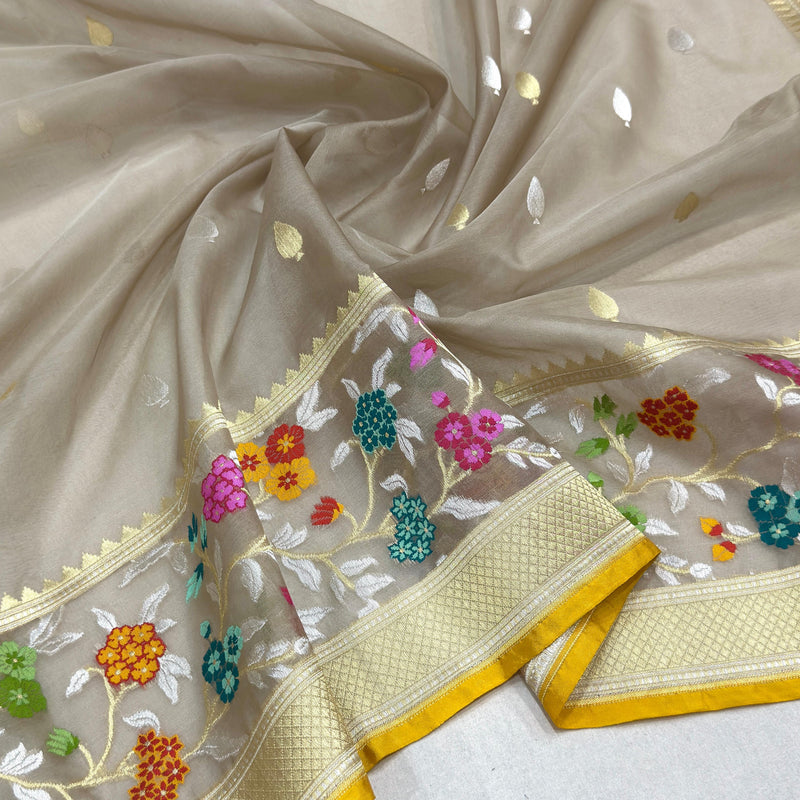 Grey colour pure Kora jamdani handwoven banarasi saree