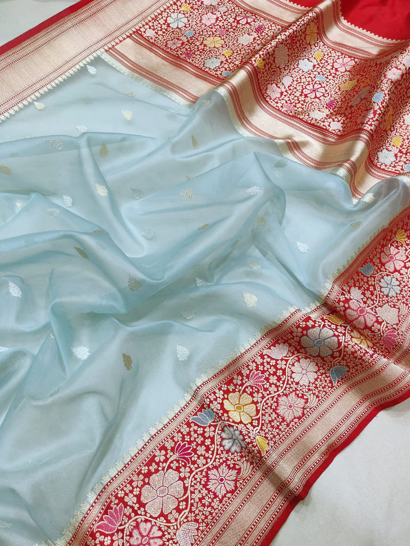 Sky blue colour Pure Kora  Handwoven Banarasi Saree