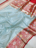 Sky blue colour Pure Kora  Handwoven Banarasi Saree