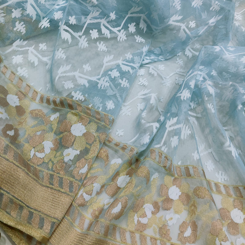 Blue colour Pure Kora Net Handwoven Banarasi Saree