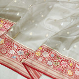 Grey colour Pure Kora Silk Handwoven Banarasi Saree