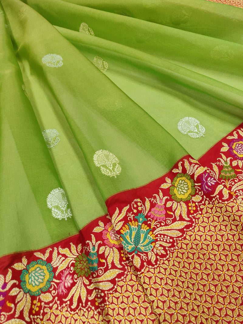 Parrot Green Color Pure Kora Silk Handwoven Banarasi Saree