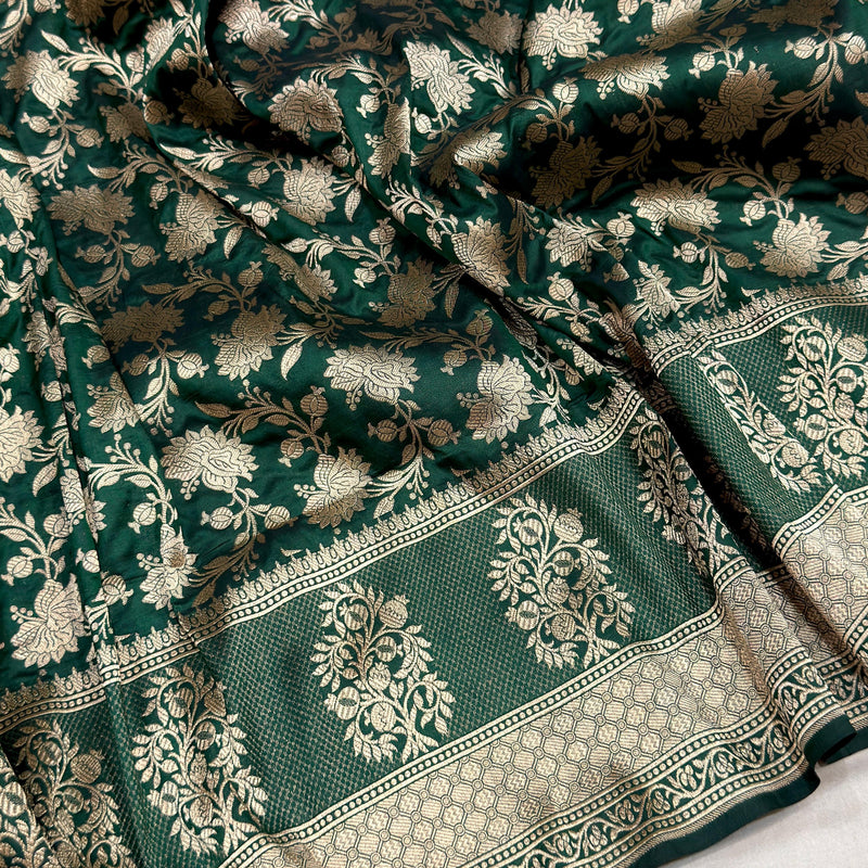 Bottle green colour pure katan silk handwoven banarasi saree