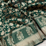 Bottle green colour pure katan silk handwoven banarasi saree