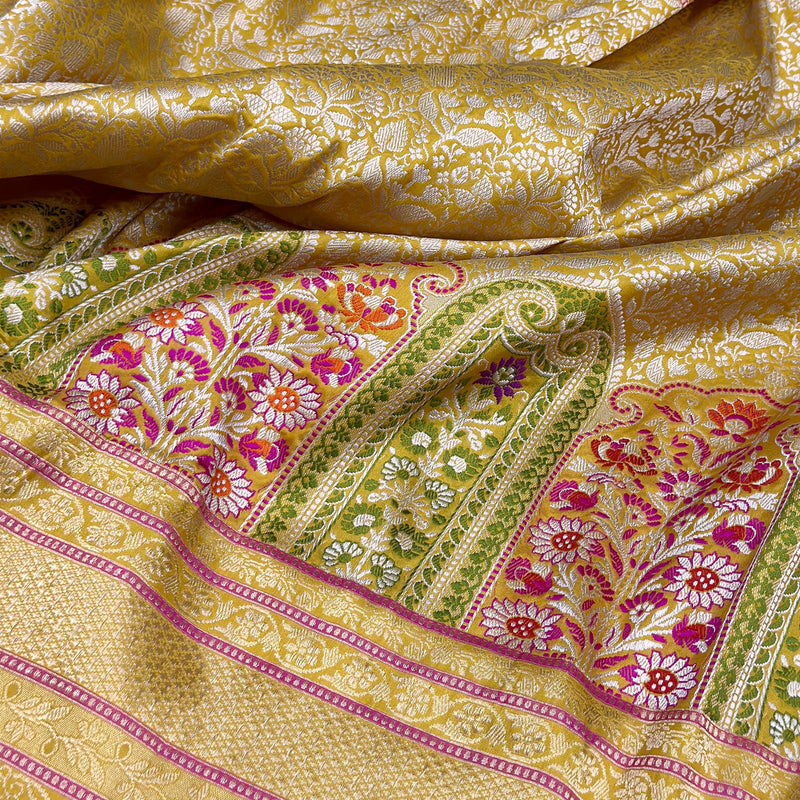 Yellow colour pure katan silk Handwoven banarasi Tanchoi saree