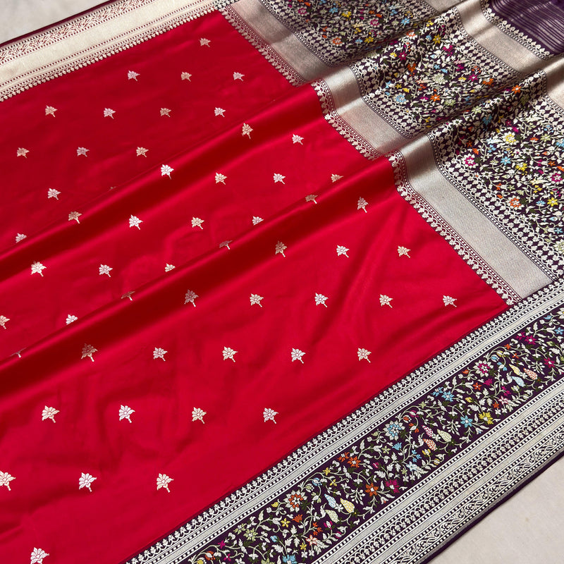 Red colour pure katan silk Handwoven banarasi saree