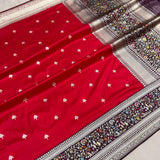 Red colour pure katan silk Handwoven banarasi saree