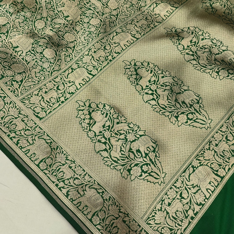 Dark green colour pure katan silk Handwoven banarasi rangkat Tanchoi saree