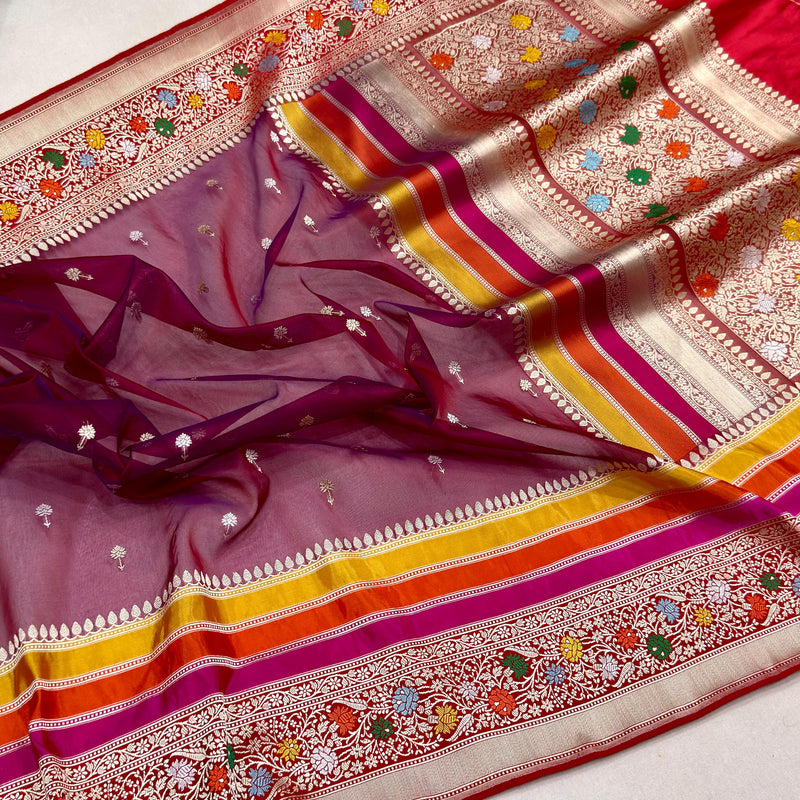 Wine colour pure Kora handwoven banarasi saree