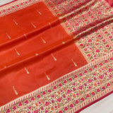 Orange colour pure katan silk Handwoven banarasi saree