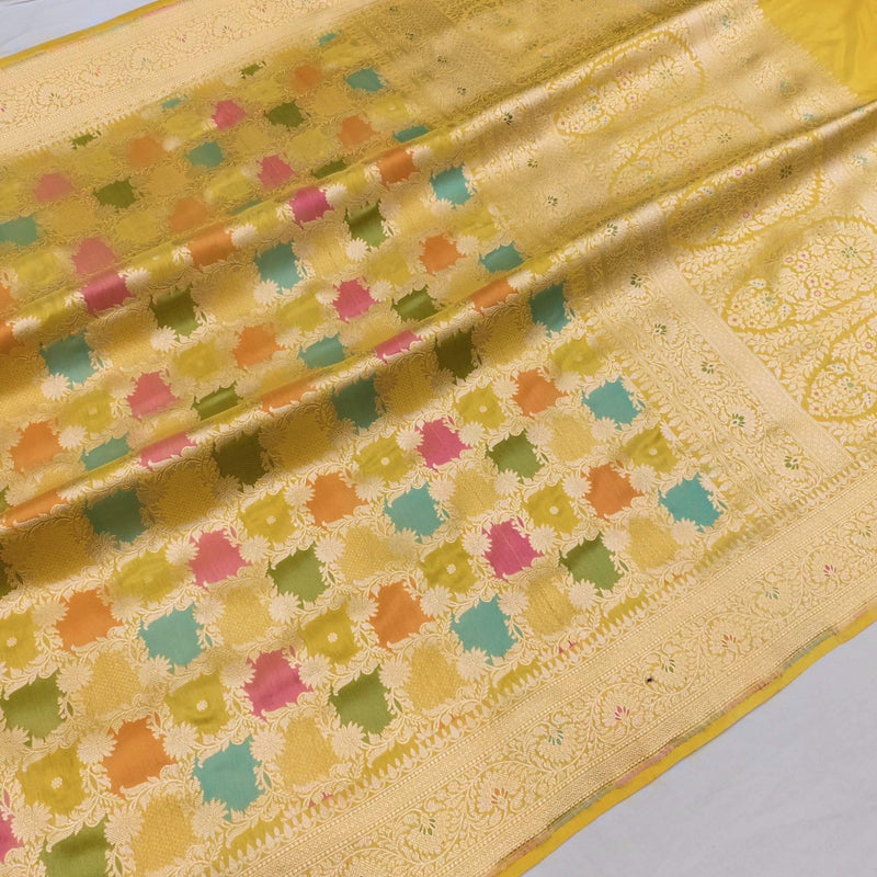 Yellow colour Pure katan silk Handwoven banarasi saree