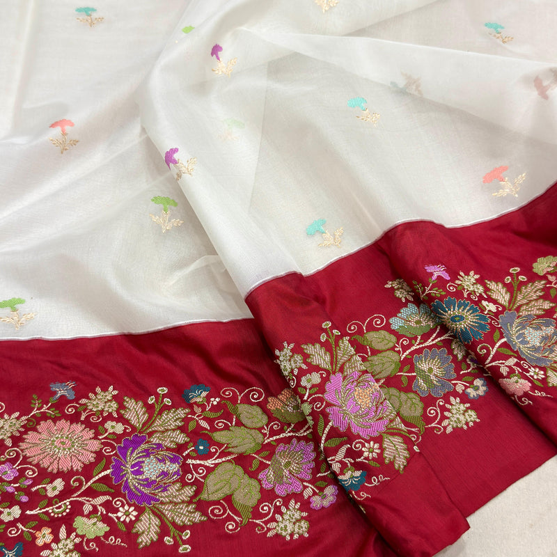 White colour pure kora Handwoven Banarasi saree