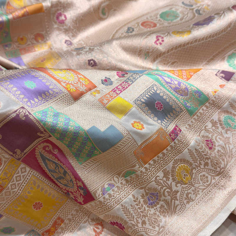 Multicolour pure katan silk Handwoven banarasi rangkat saree